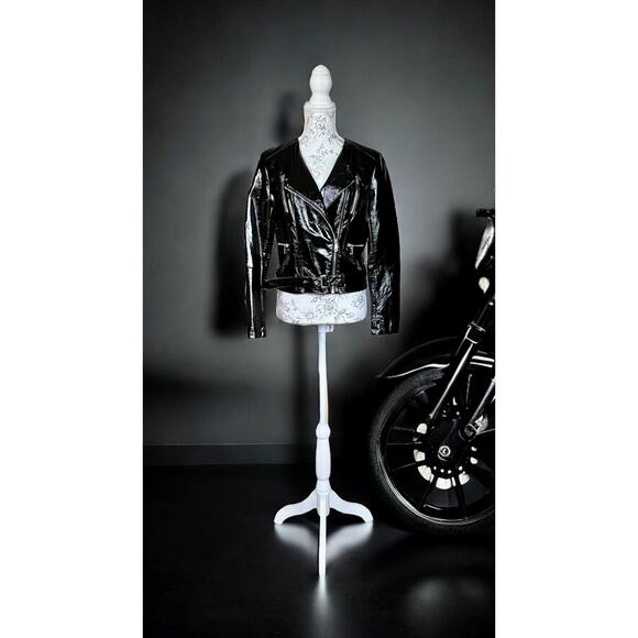 NWOT LA Coalition Black Vegan Patent Leather Motorcycle Jacket XL - Picture 8 of 10